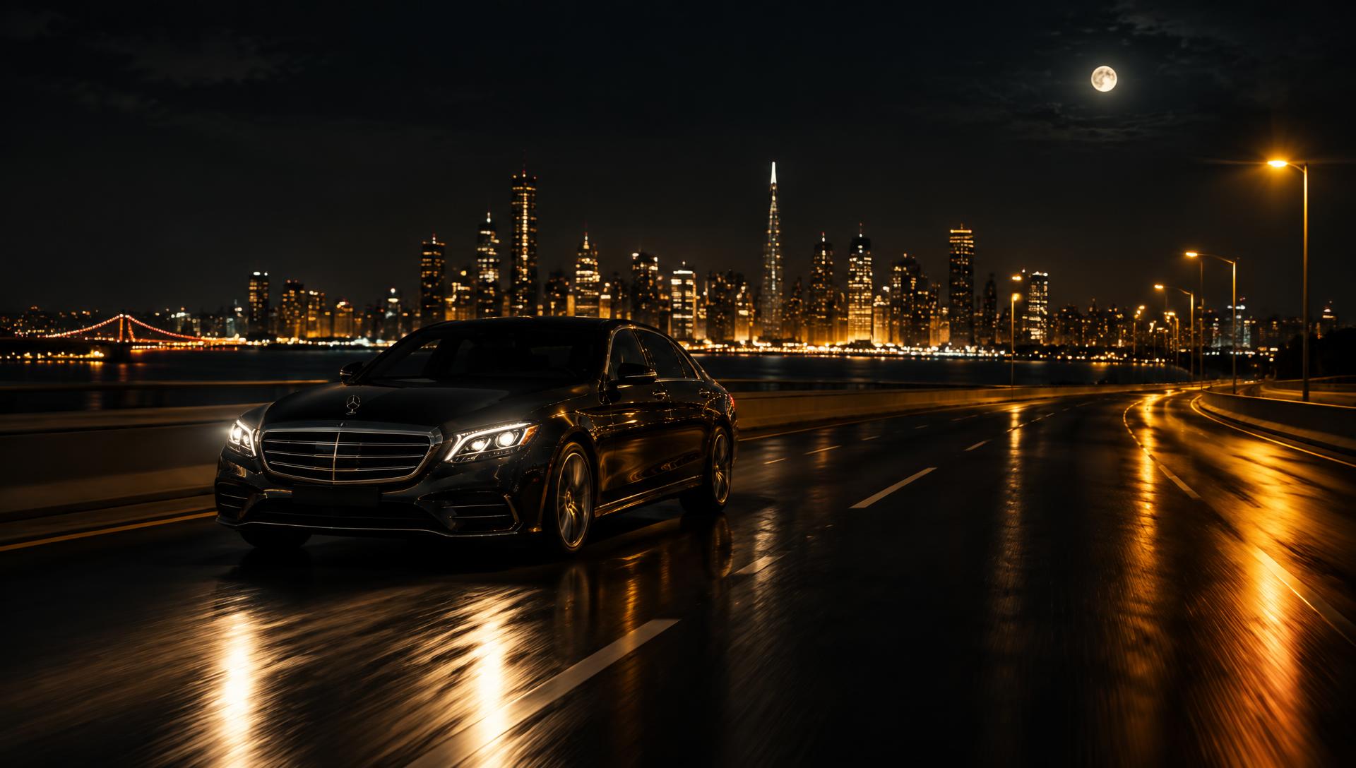 Premium sedan driving on a night highway toward glowing city lights
